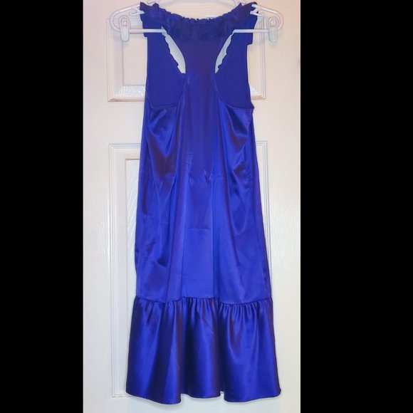 EXPRESS Silk Ruffle Collar Dress XS Cobalt Blue Purple racerback slip Y2K - Picture 2 of 10